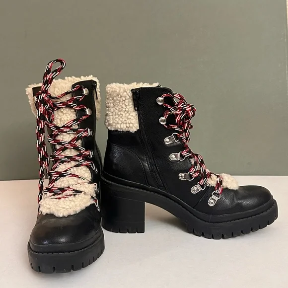 Women’s Faux-Shearling Lace-Up Block Heel Boots - Black - Picture 2 of 4